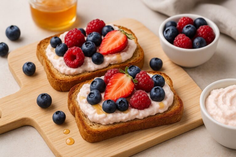 🥯 ПП творожная паста для тостов — быстрый завтрак с мёдом и ягодами